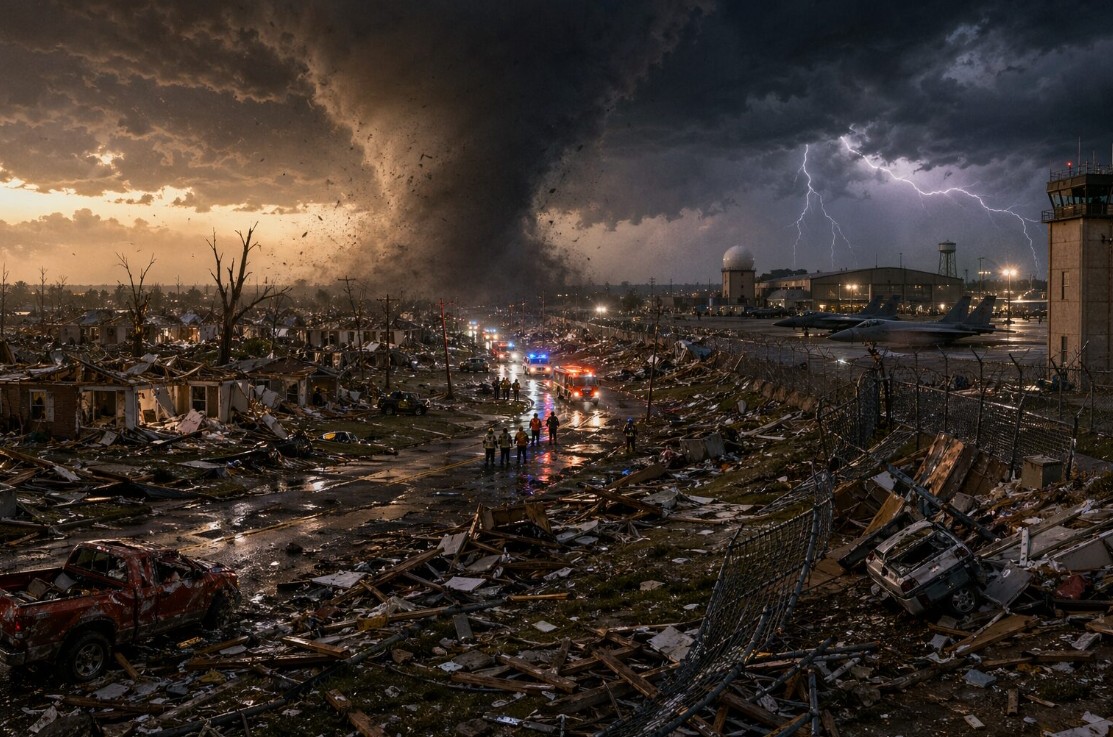 ΗΠΑ: Ιστορικός ανεμοστρόβιλος έπληξε το Ένιντ χθες το βράδυ, ισοπεδώνοντας κατοικημένες γειτονιές και καταστρέφοντας την αεροπορική βάση Βανς.