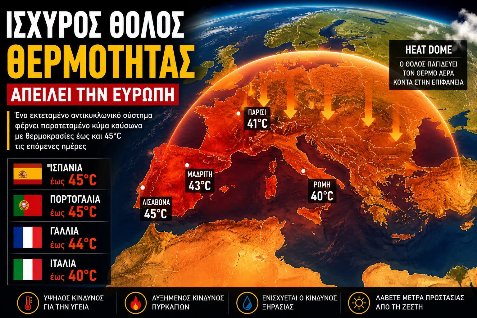 Ισχυρός «Θόλος Θερμότητας» απειλεί την Ευρώπη – Θερμοκρασίες έως και 45°C τις επόμενες ημέρες