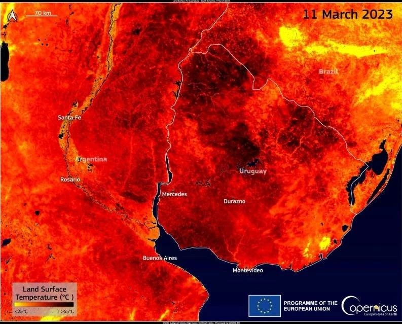 Καύσωνας μεταξύ Αργεντινής και Ουρουγουάης καταγράφοντας επιφανειακή θερμοκρασία εδάφους 48 βαθμών κελσίου