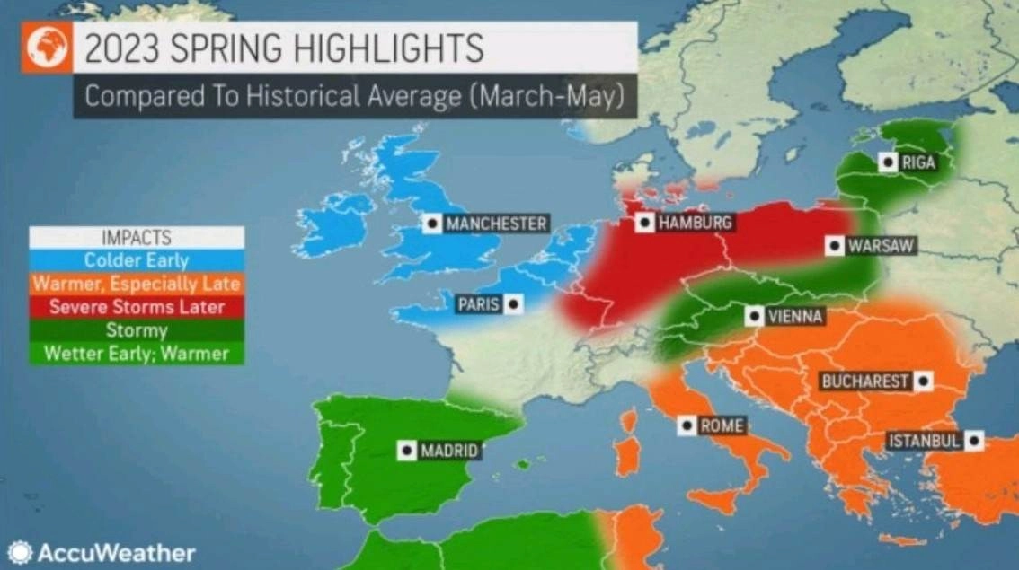 Μακροπρόθεσμη πρόγνωση για την εαρινή περίοδο του 2023 στην Ευρώπη από το AccuWeather