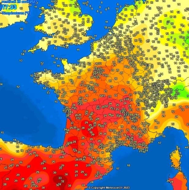 Καύσωνας στην Ιβηρική χερσόνησο : Ρεκόρ μέγιστων θερμοκρασιών για τα δεδομένα της εποχής καταγράφηκαν και στην Γαλλία στις 28 Απριλίου του 2023 