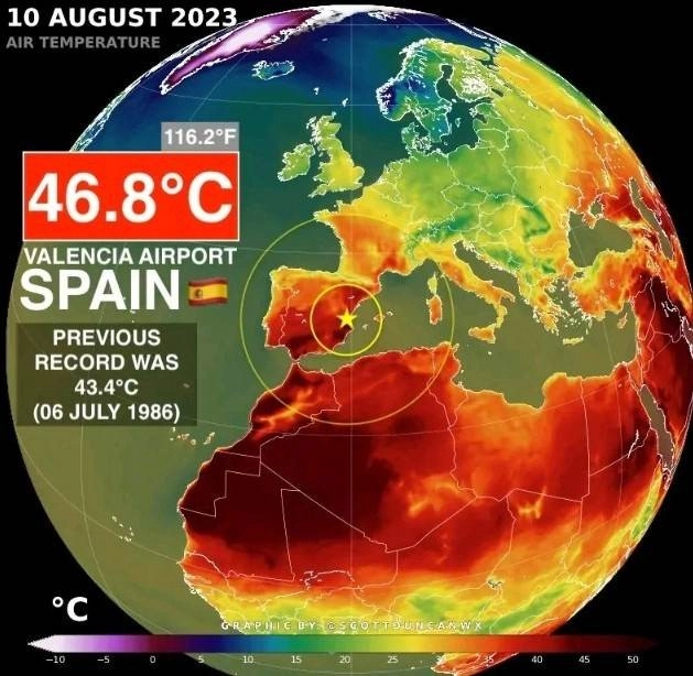 Ισπανία : Την υψηλότερη θερμοκρασία από το 1966 κατέγραψε η Βαλένθια με τον υδράργυρο να αγγίζει τους 46,8 βαθμούς κελσίου