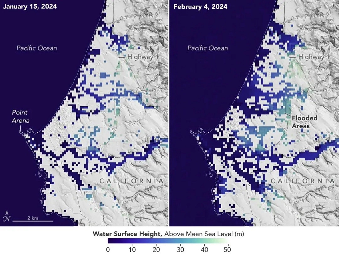 Ο δορυφόρος SWOT ανιχνεύει  πλημμυρικά φαινόμενα κατά τη διάρκεια καταιγίδων στην Καλιφόρνια