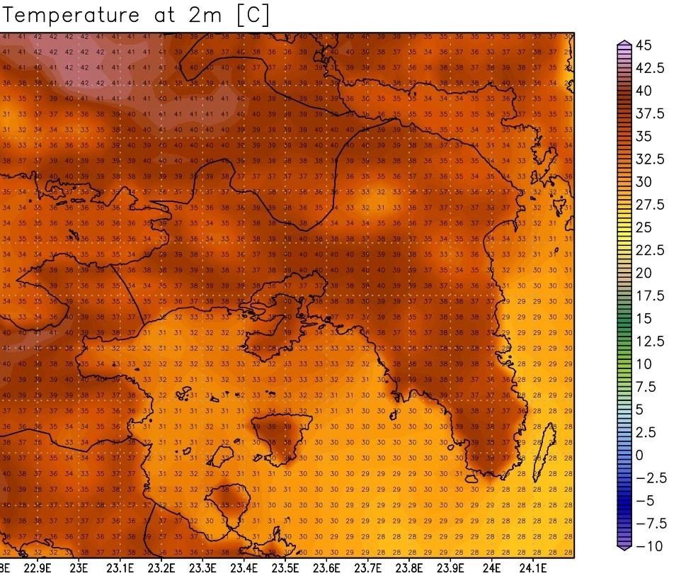 Συνθήκες καύσωνα με μέγιστες θερμοκρασίες στους 42-44 βαθμούς Κελσίου και υψηλές ελάχιστες. Αυξημένο αίσθημα δυσφορίας στα αστικά κέντρα.