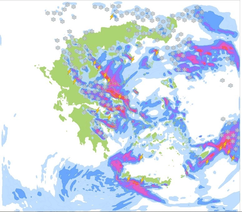 Xιονοπτώσεις ακόμα και σε πεδινές περιοχές τις επόμενες ώρες. Θυελλώδεις άνεμοι στα πελάγη.