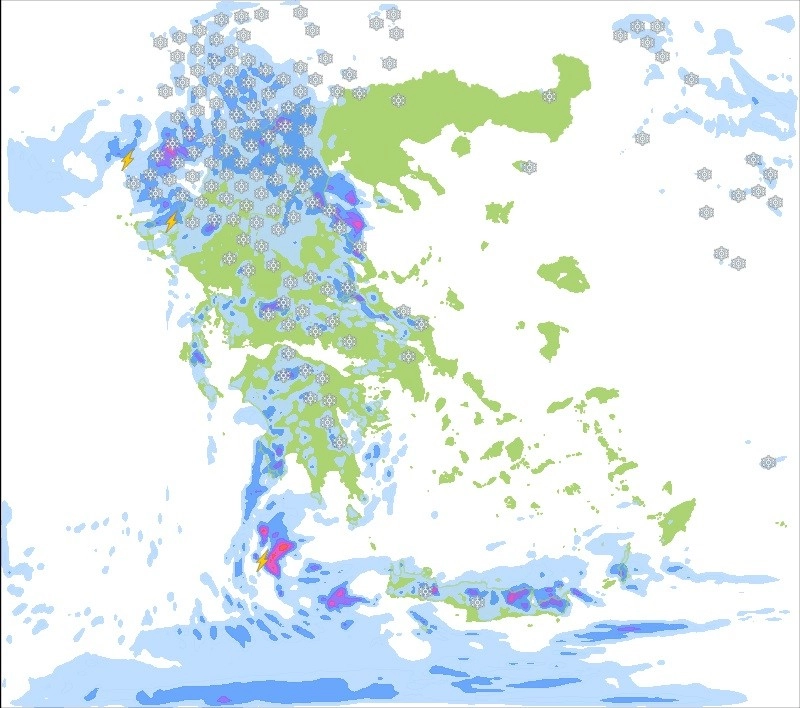 Χιονοπτώσεις κατά τόπους ισχυρές σε ημιορεινά και ορεινά και καταιγίδες στα παραθαλάσσια για αύριο Τρίτη