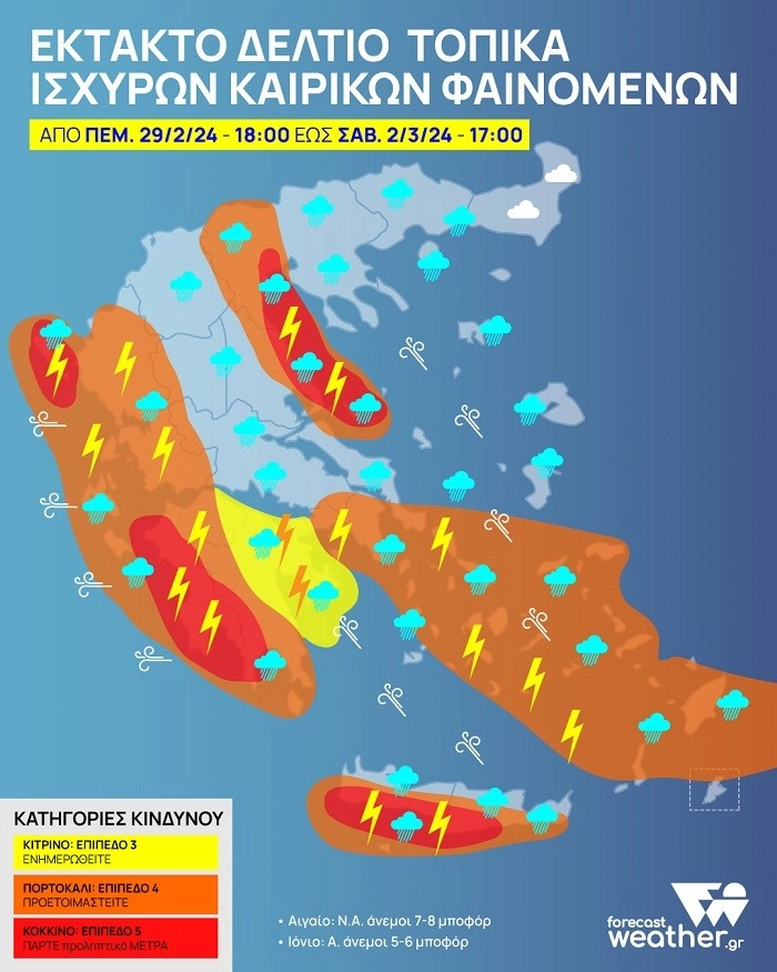 Έκτακτο Δελτίο: Βροχές και τοπικά έντονες καταιγίδες. Έντονη Μεταφορά Αφρικάνικης Σκόνης.
