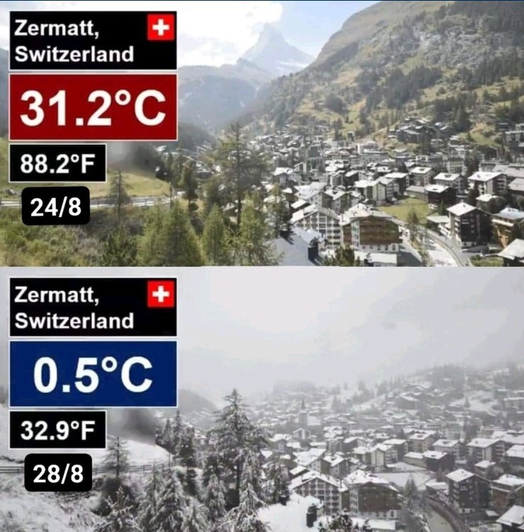 Ζερμάτ, Ελβετία : Από τους 31.2 βαθμούς στους 0.5 βαθμούς μέσα σε μόλις 4 μέρες προκαλώντας ασυνήθιστα πυκνή χιονόπτωση